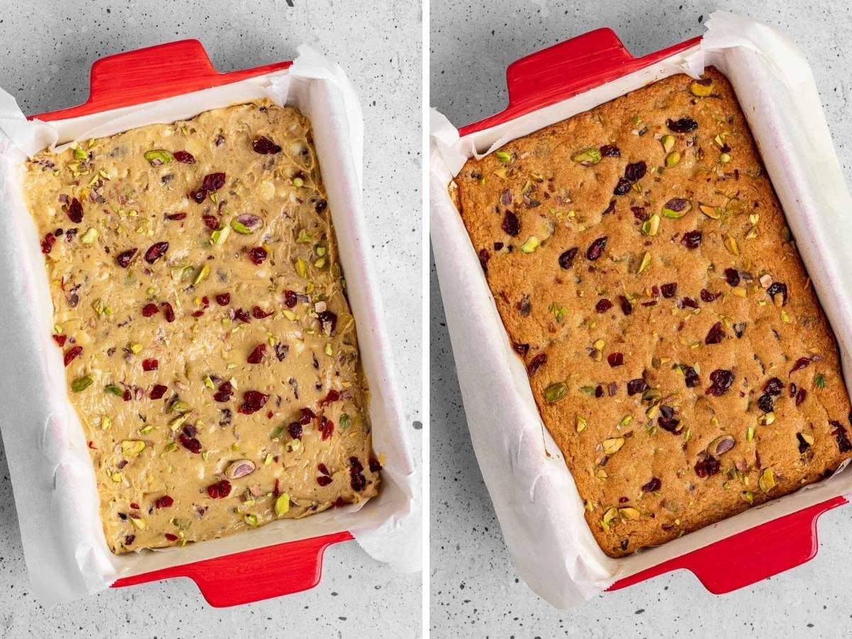 Cranberry Pistachio Blondies Collage batter in pan and baked blondies in pan