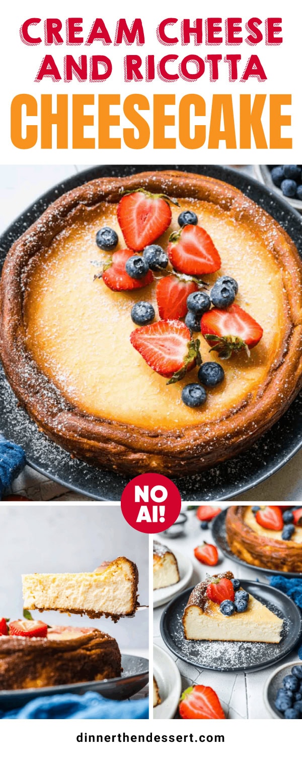 Cheesecake slice on serving plate with fresh berries and powdered sugar on top
