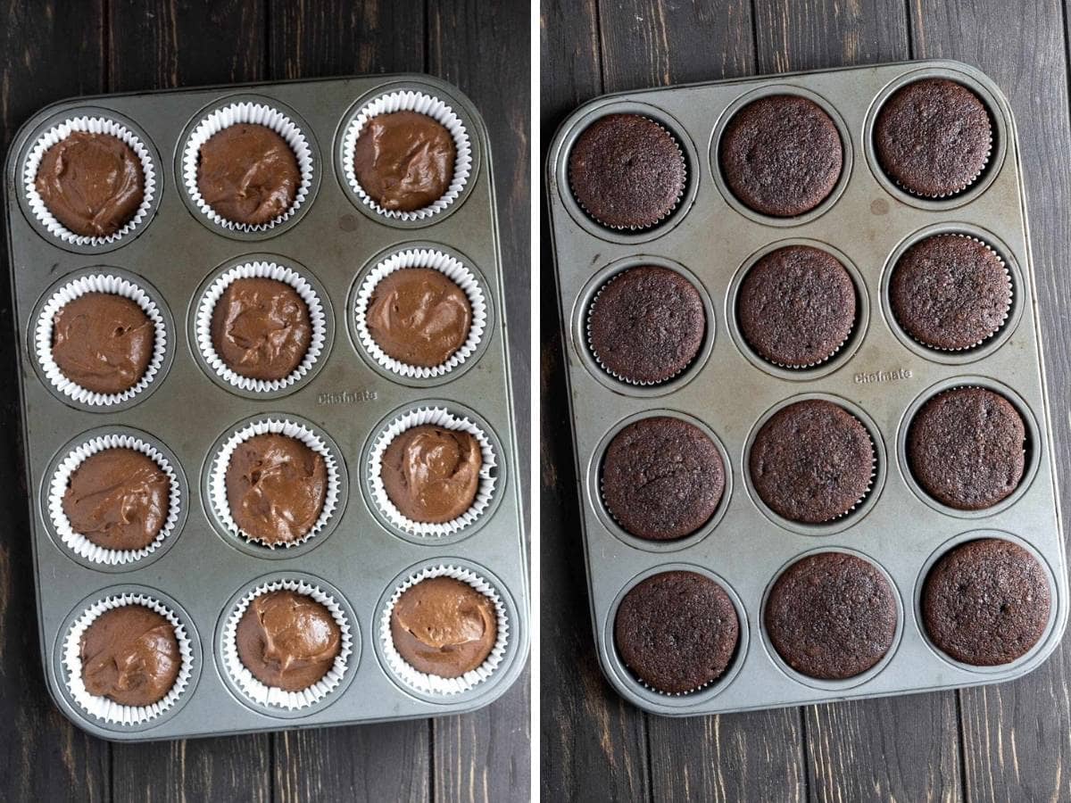 Irish Cream Guinness Cupcakes in cupcake tin before and after baking