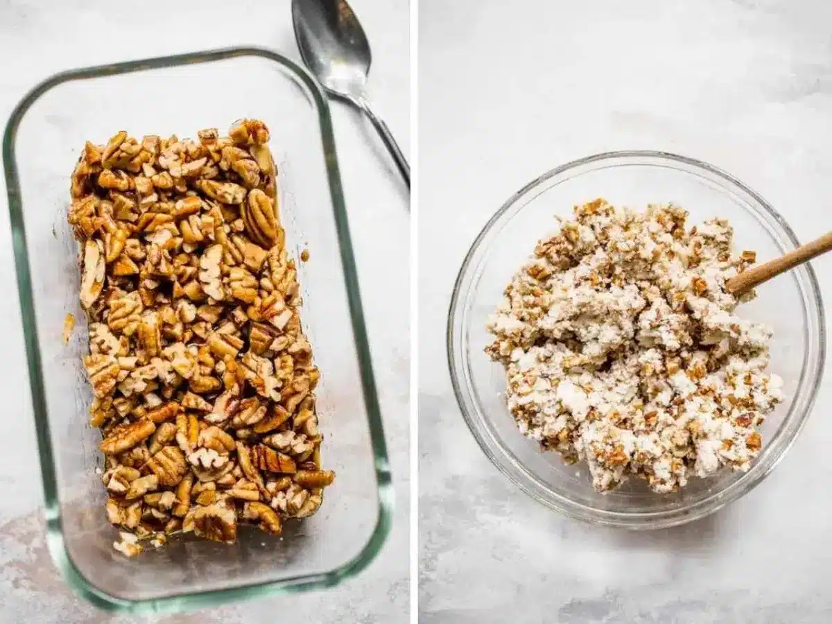 Collage of filling mixed in bowl and baking pan