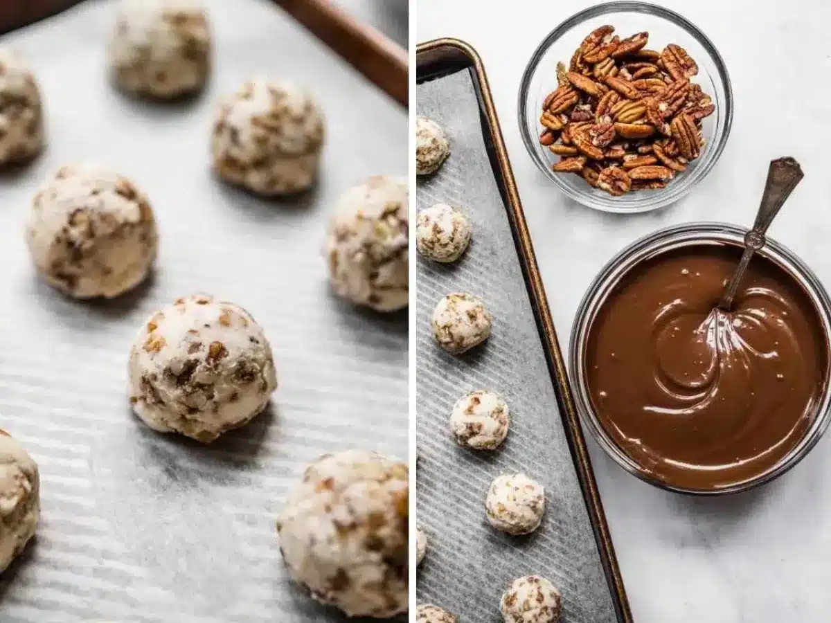 Collage of filling in balls befofre being dipped in chocolate