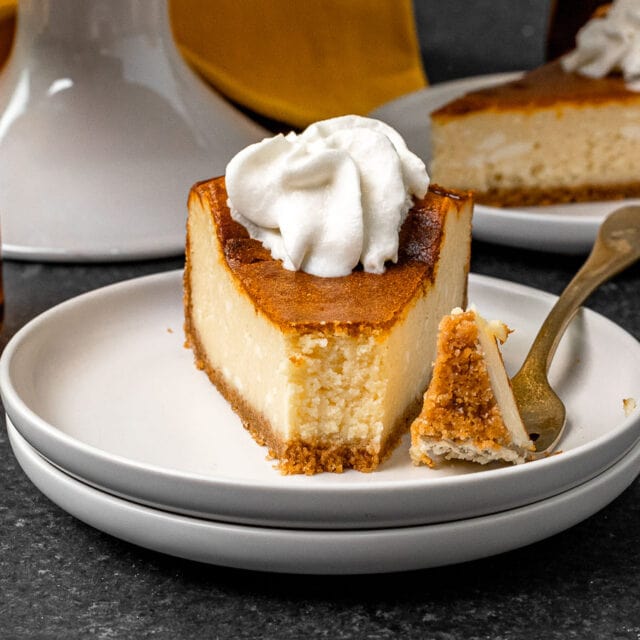 creamy velvety dessert on a bed of crust and a dollop of whipped cream