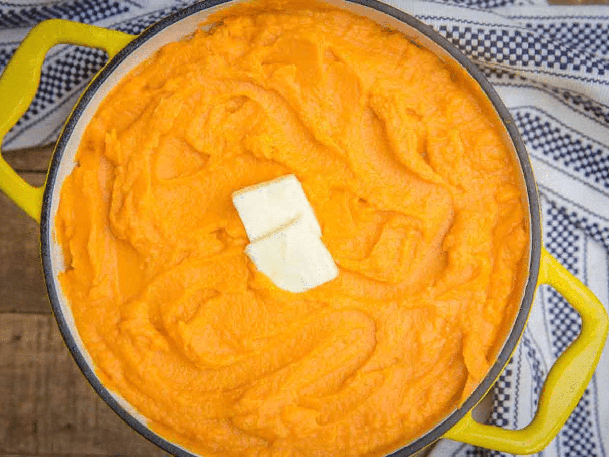 mashed potatoes in a yellow pot