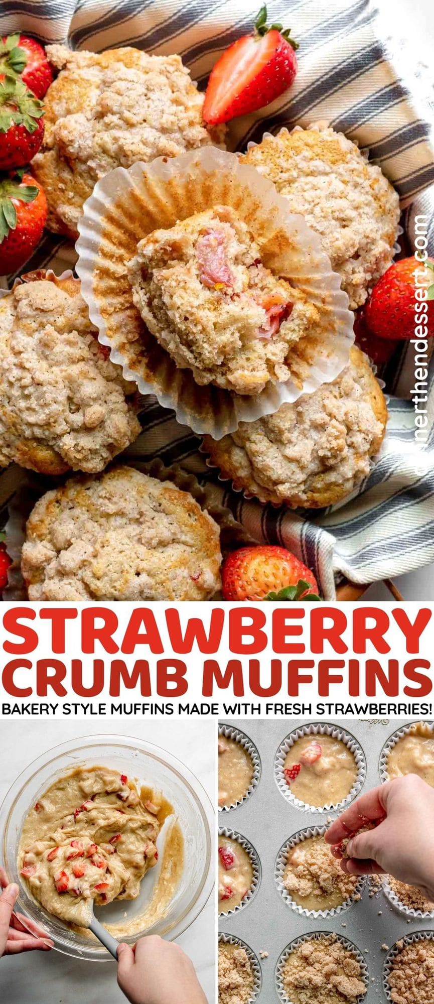 Strawberry Crumb Muffins baked in basket with wrapper pulled down and bite taken out on top muffin and prep collage