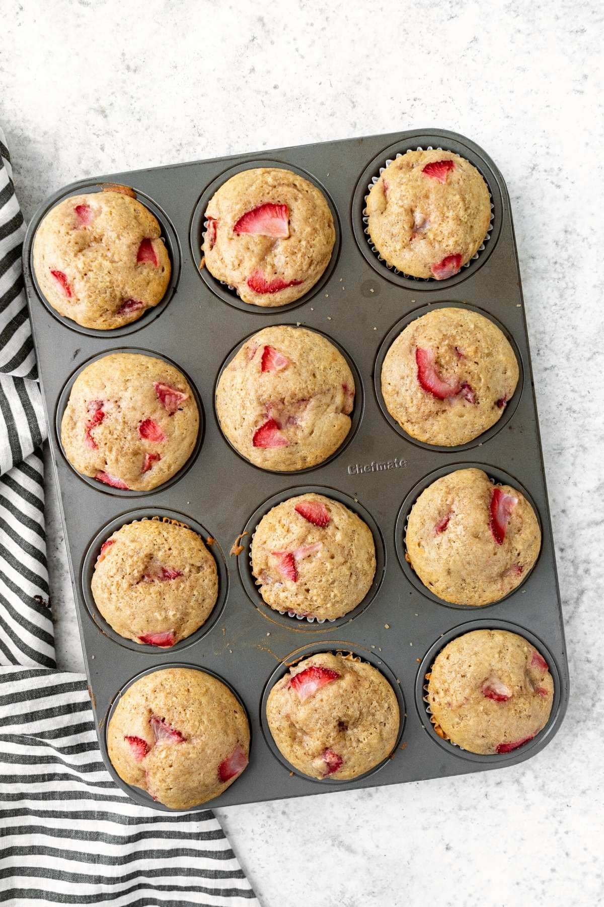 Strawberry Muffins after baking in muffin tin