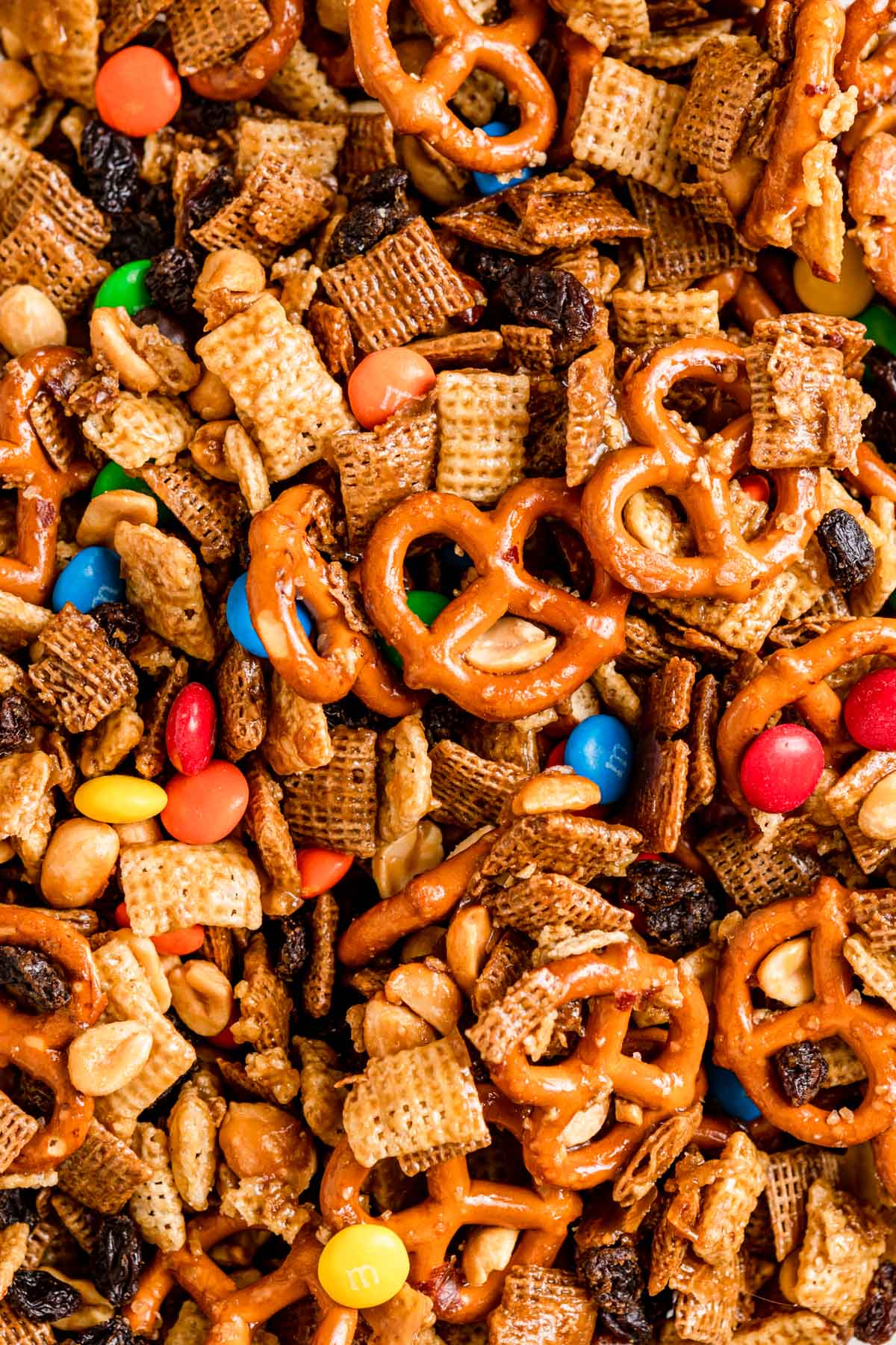 Sweet and Salty Snack Mix in serving bowl up close
