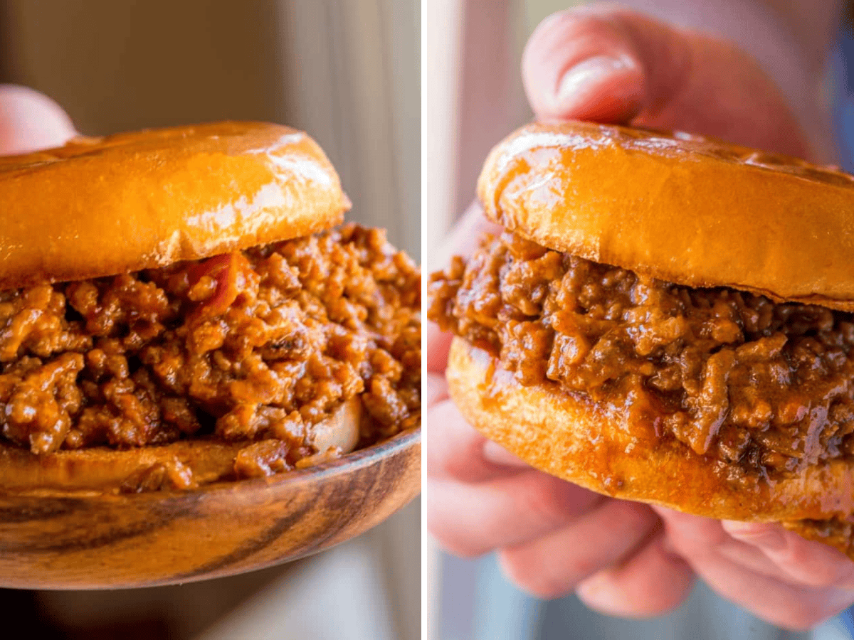 collage of sandwich on plate and sandwich in a hand