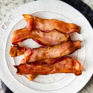 Air Fryer Bacon on serving plate 1x1