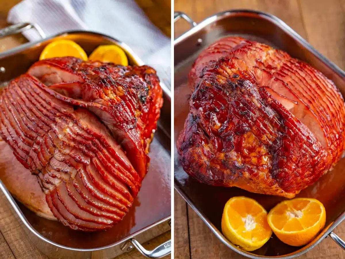 collage of ham in a baking dish 