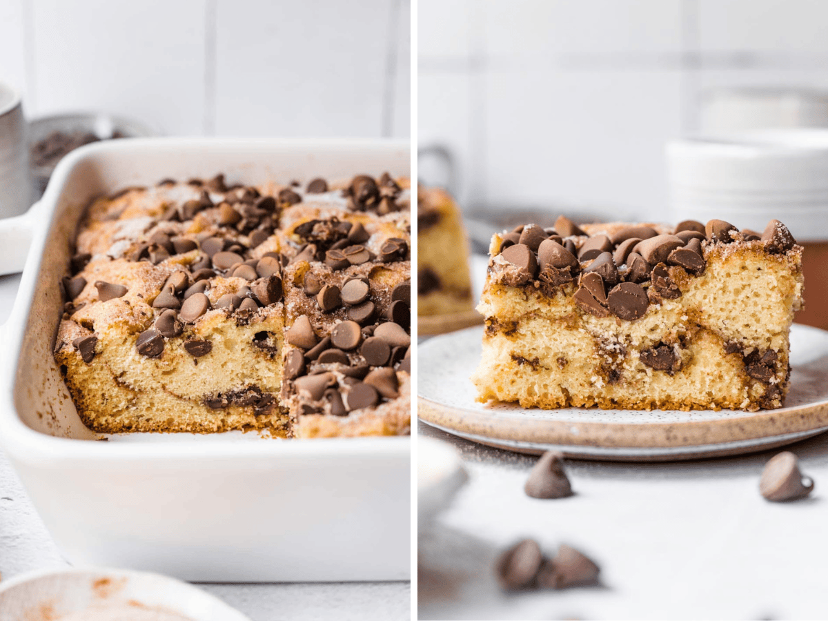 collage of pan with slice taken and slice on a plate 
