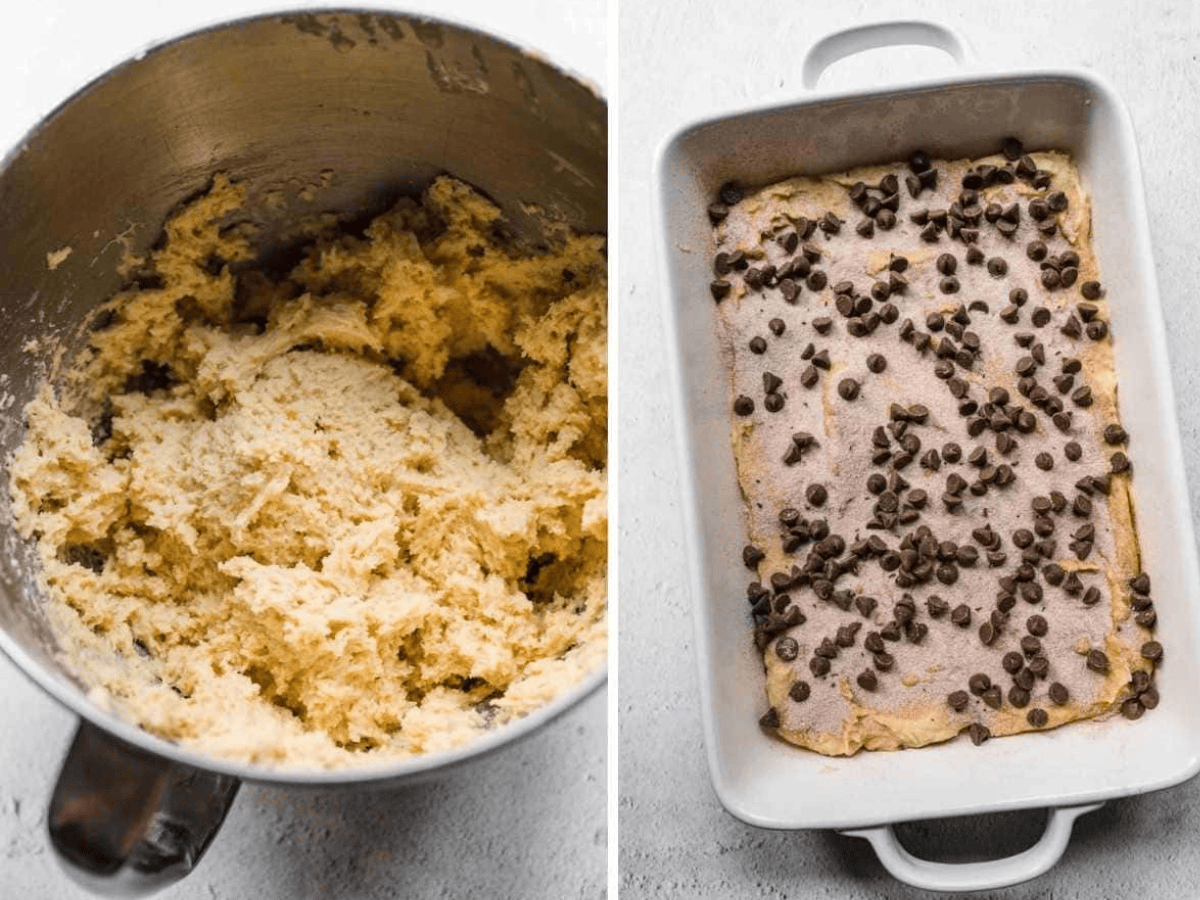 collage of mixing ingredients and putting cake in baking dish 