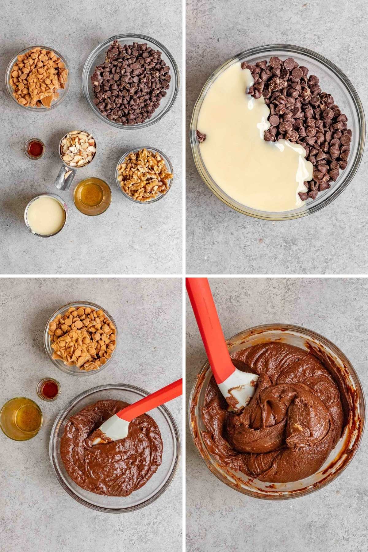 Collage of ingredients and steps to make Easy Fudge Wreath