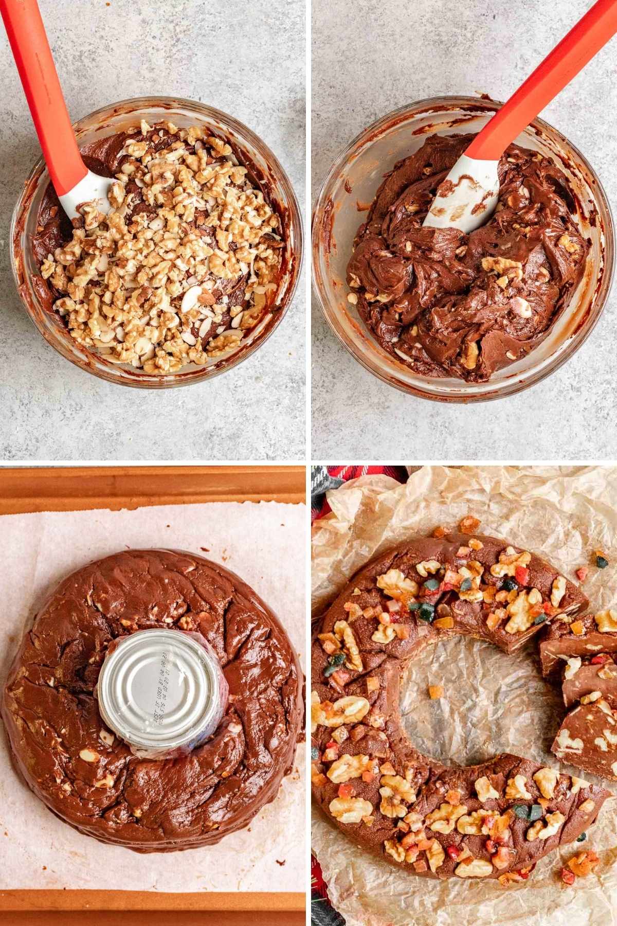 Collage of steps to make Easy Fudge Wreath.