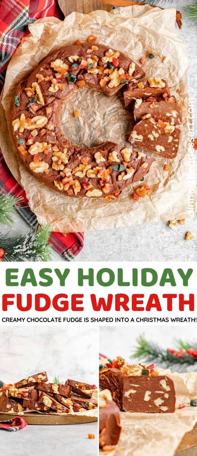 Collage of Easy Fudge Wreath displayed on a holiday table.