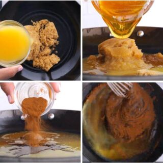 Baked Ham with Brown Sugar Glaze made with orange juice, honey, and spices is the PERFECT sweet and savory holiday dinner in 90 minutes! Collage of making brown sugar glaze