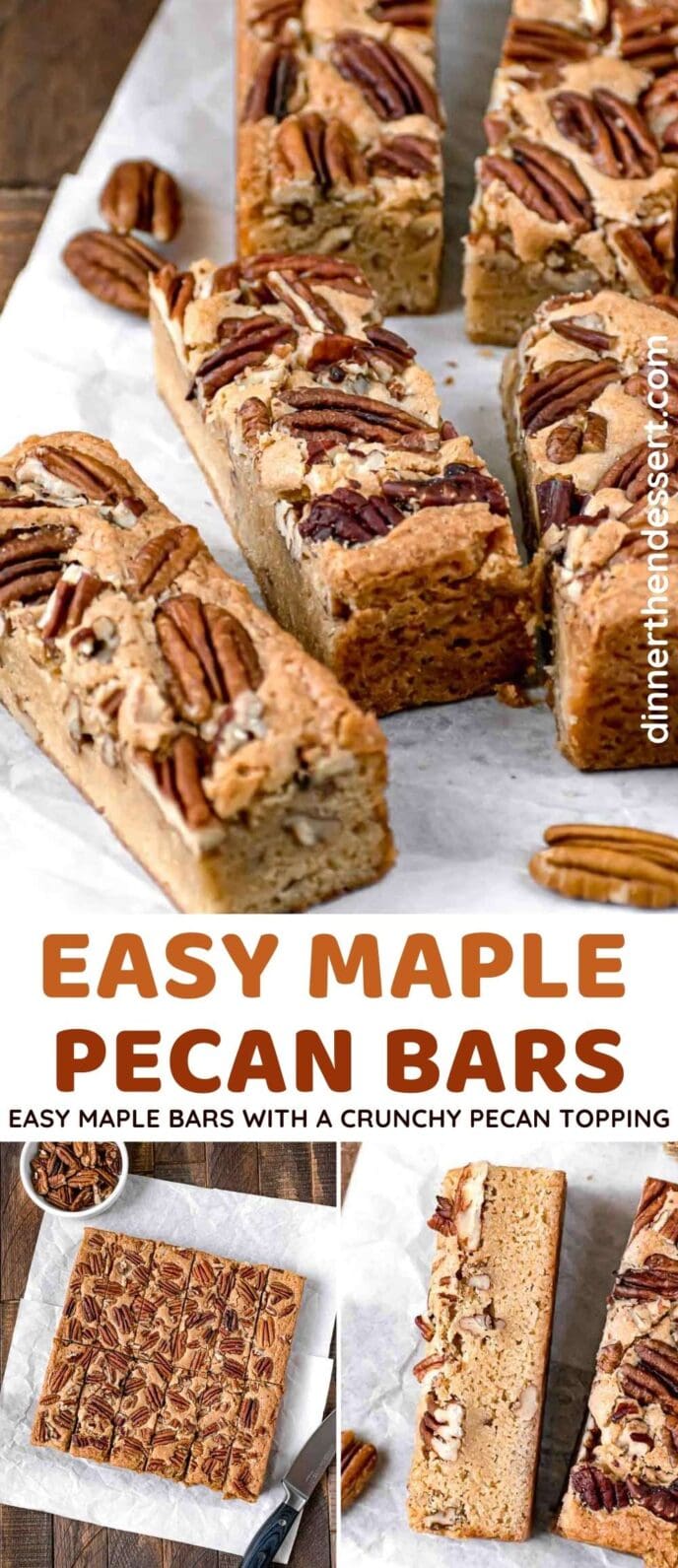 Collage of Maple Pecan Bars shown sliced and served on white parchment paper.