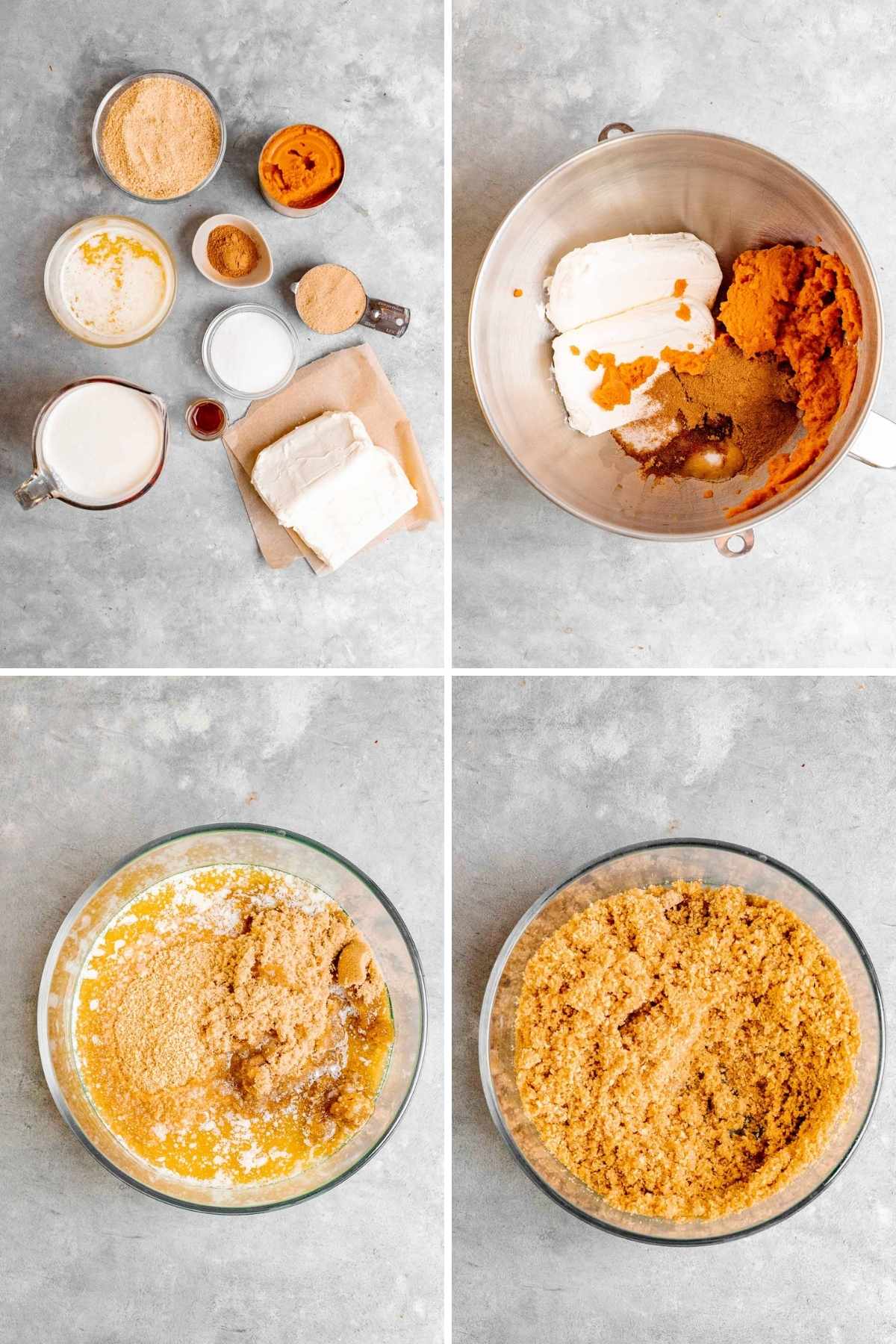 Collage of ingredients and steps for No-Bake Pumpkin Cheesecake