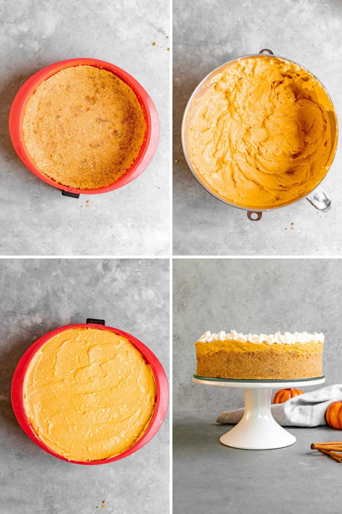 Step by step collage of No-Bake Pumpkin Cheesecake