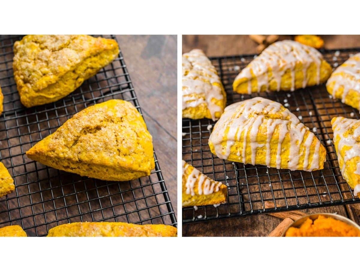 Pumpkin Scones Collage showing baked and drizzed with frosting.
