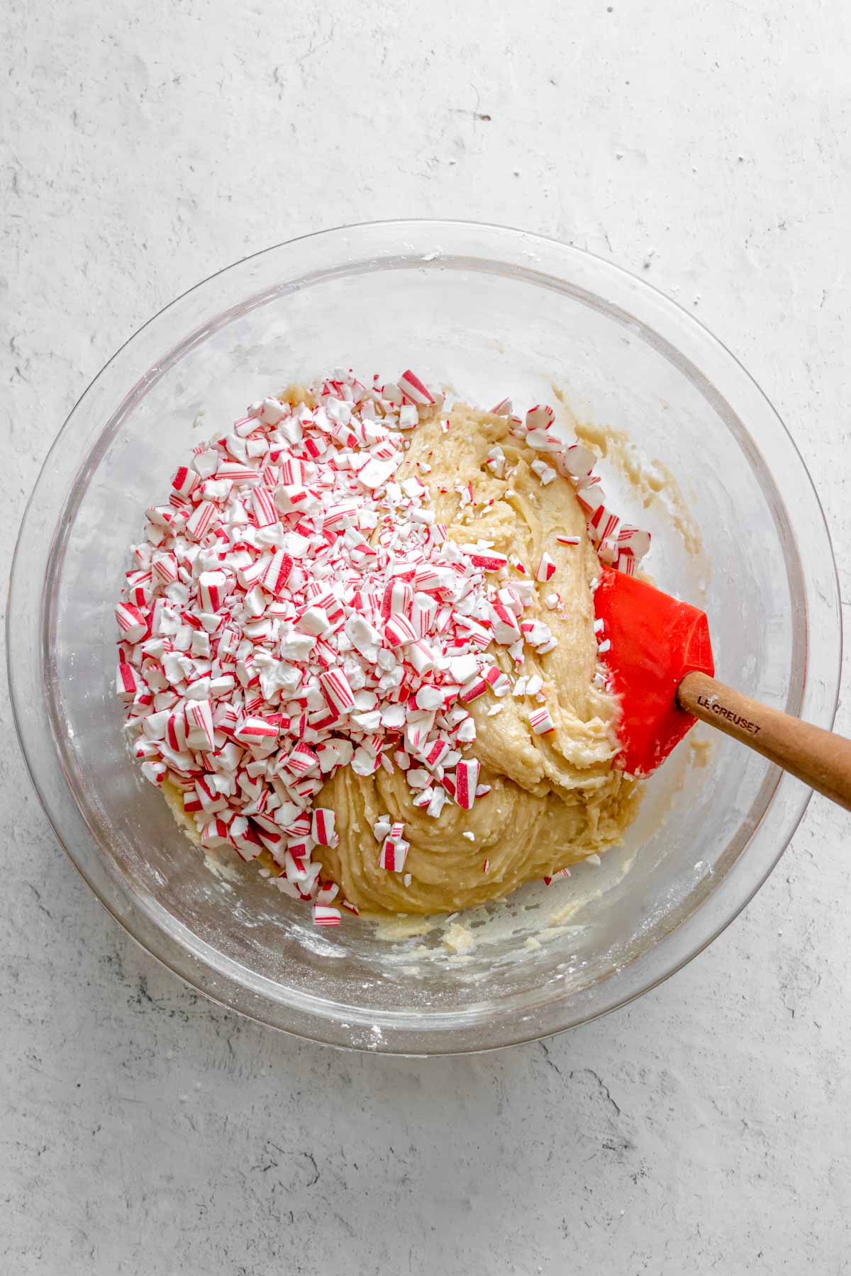 Peppermint Dipped Biscotti dough with candy being mixed in
