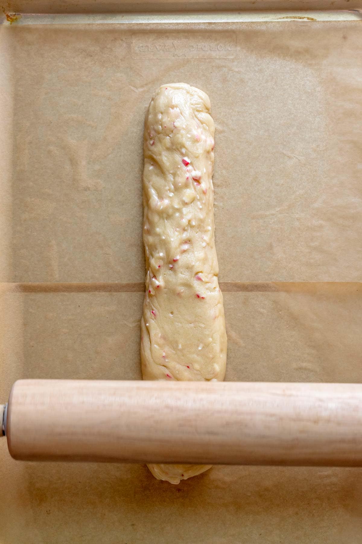 Peppermint Dipped Biscotti being rolled out