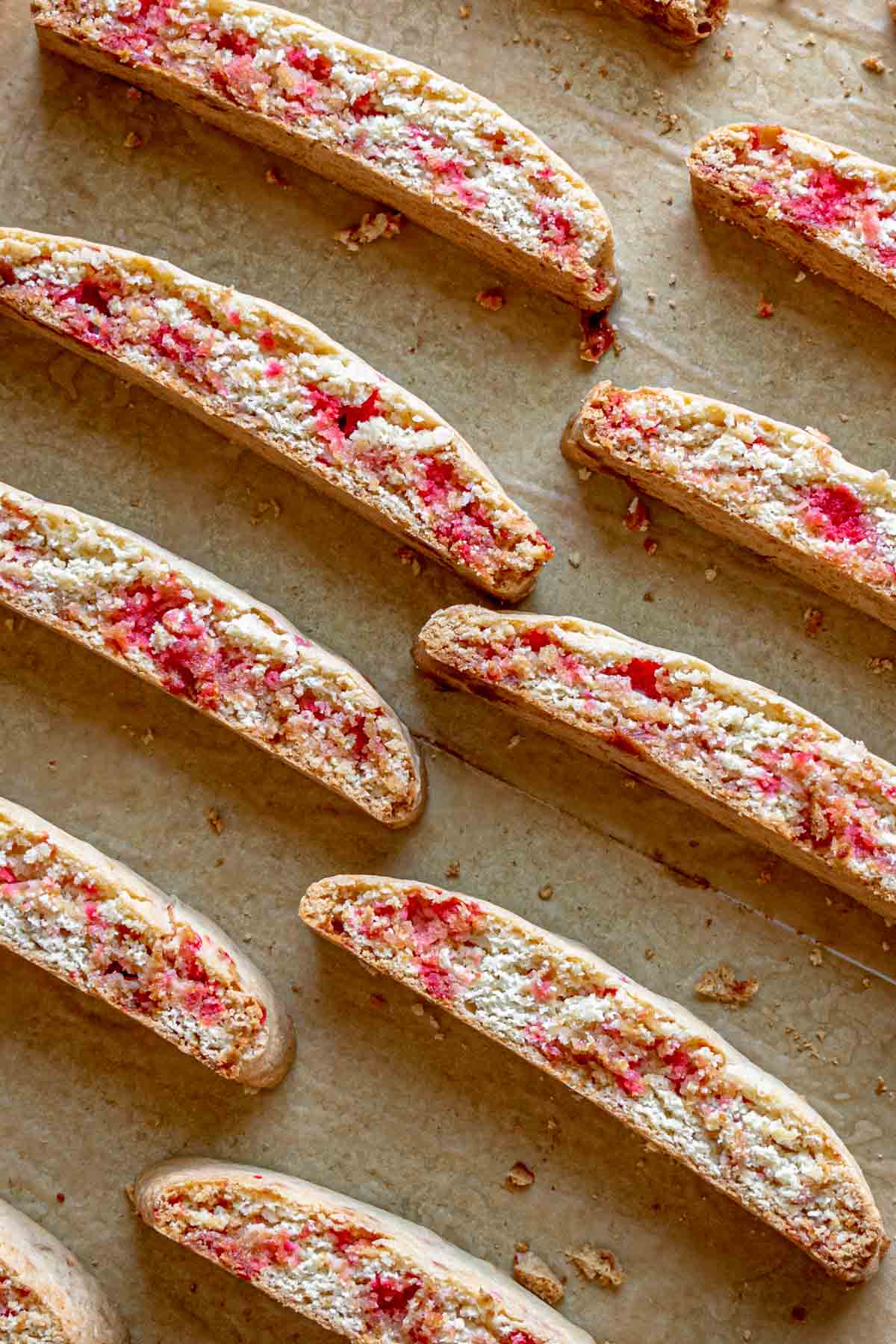 Peppermint Dipped Biscotti sliced on a baking sheet