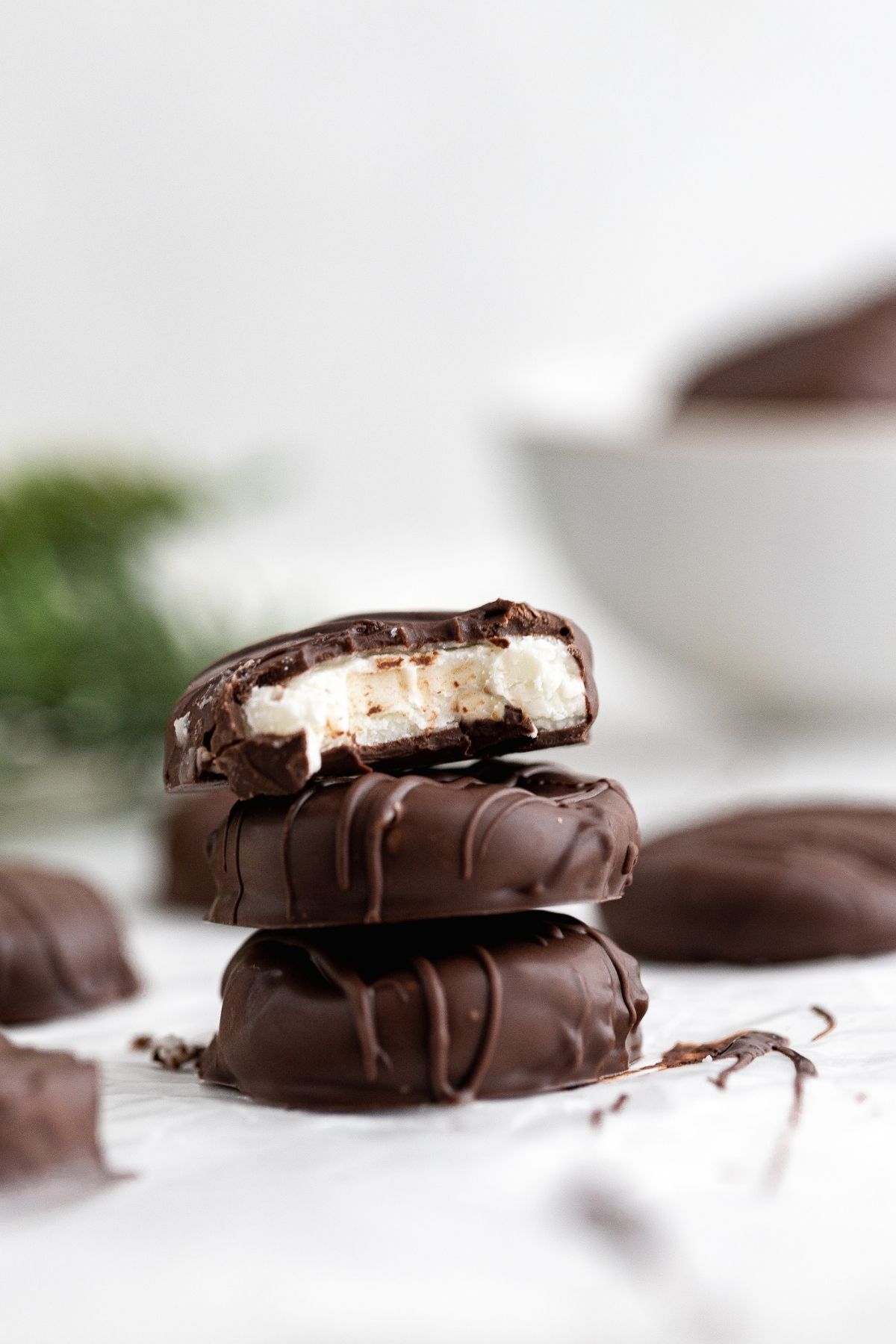 Peppermint Patties in stack with bite taken