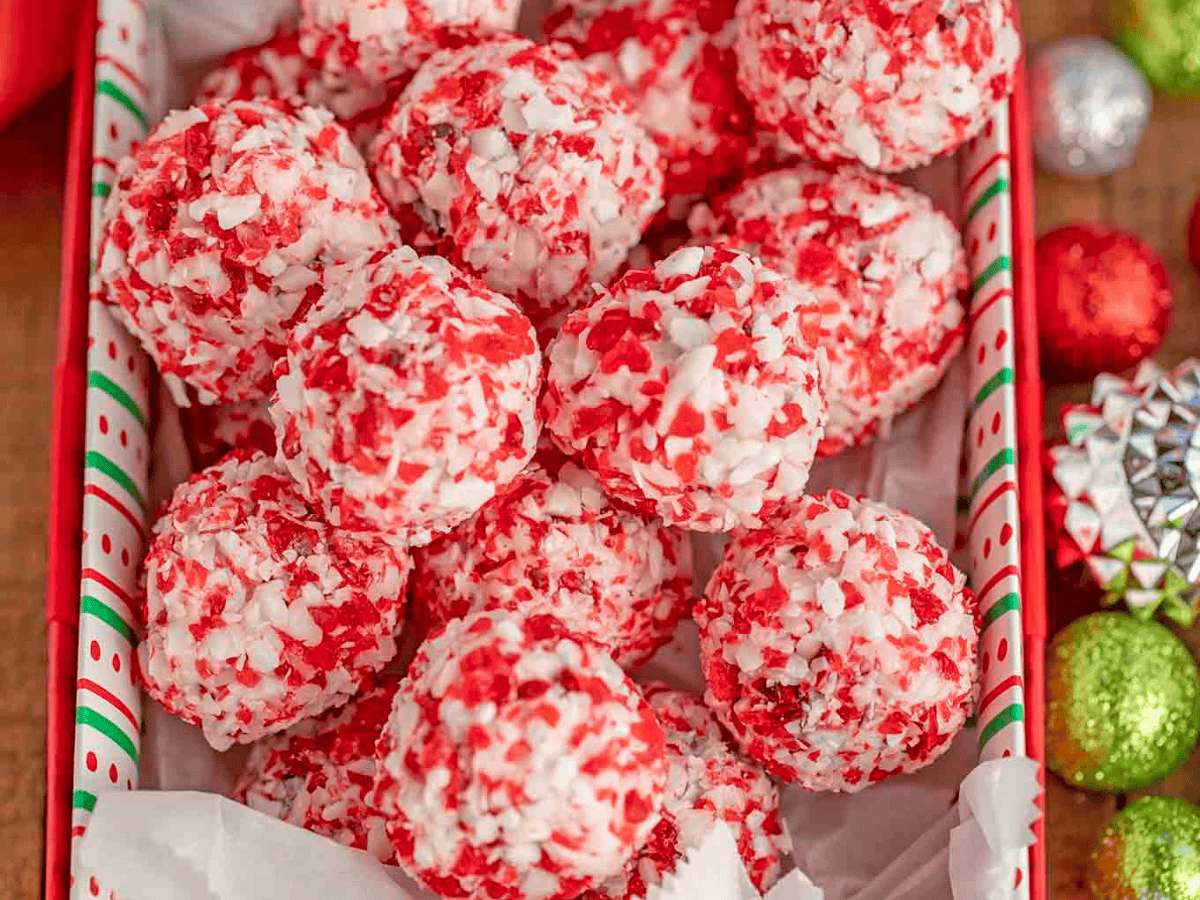 Closeup of dessert balls in a holiday box