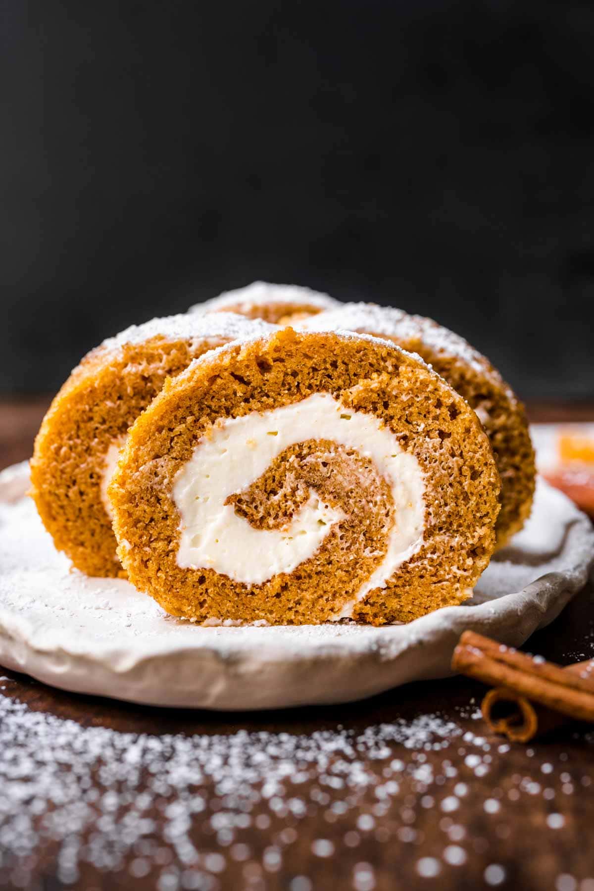 Pumpkin Roll slices on cutting board