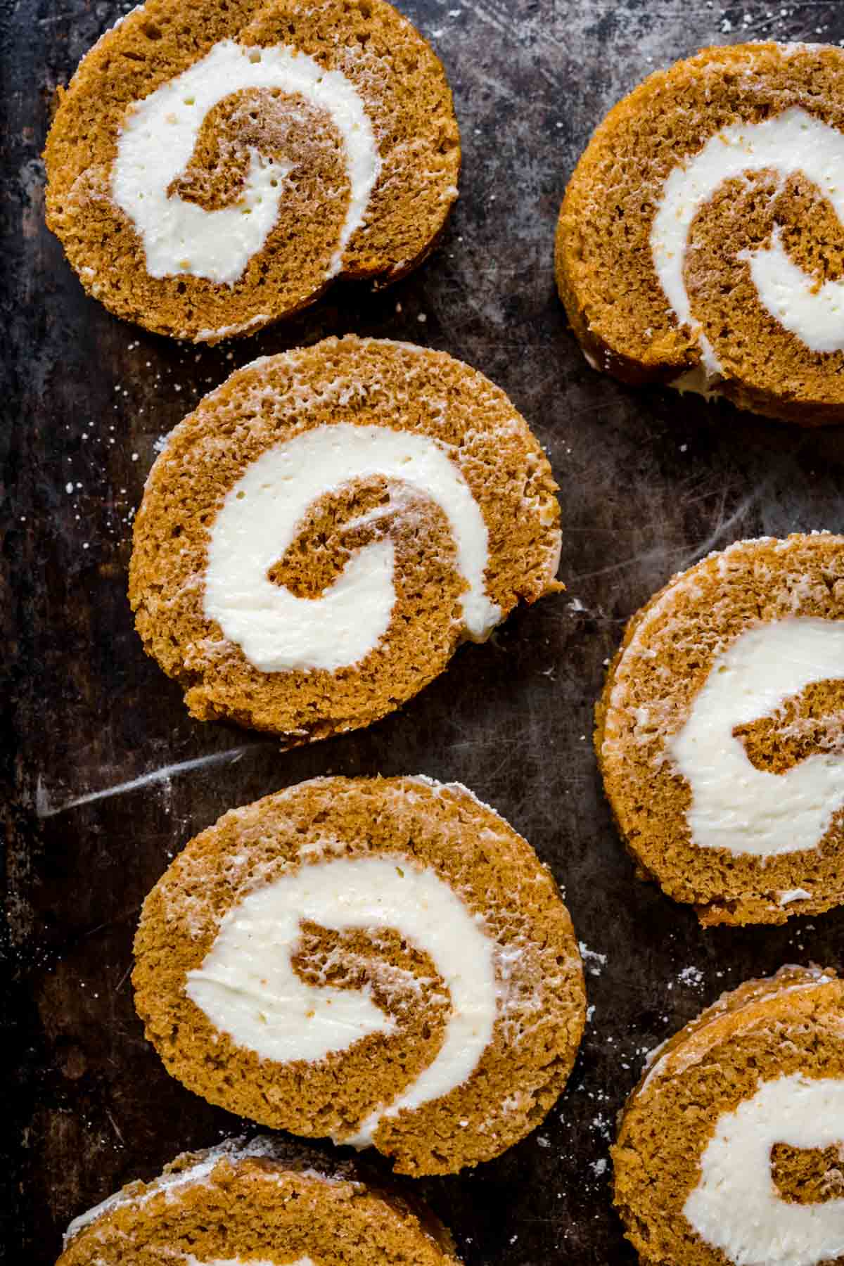 Pumpkin Roll slices on cutting board