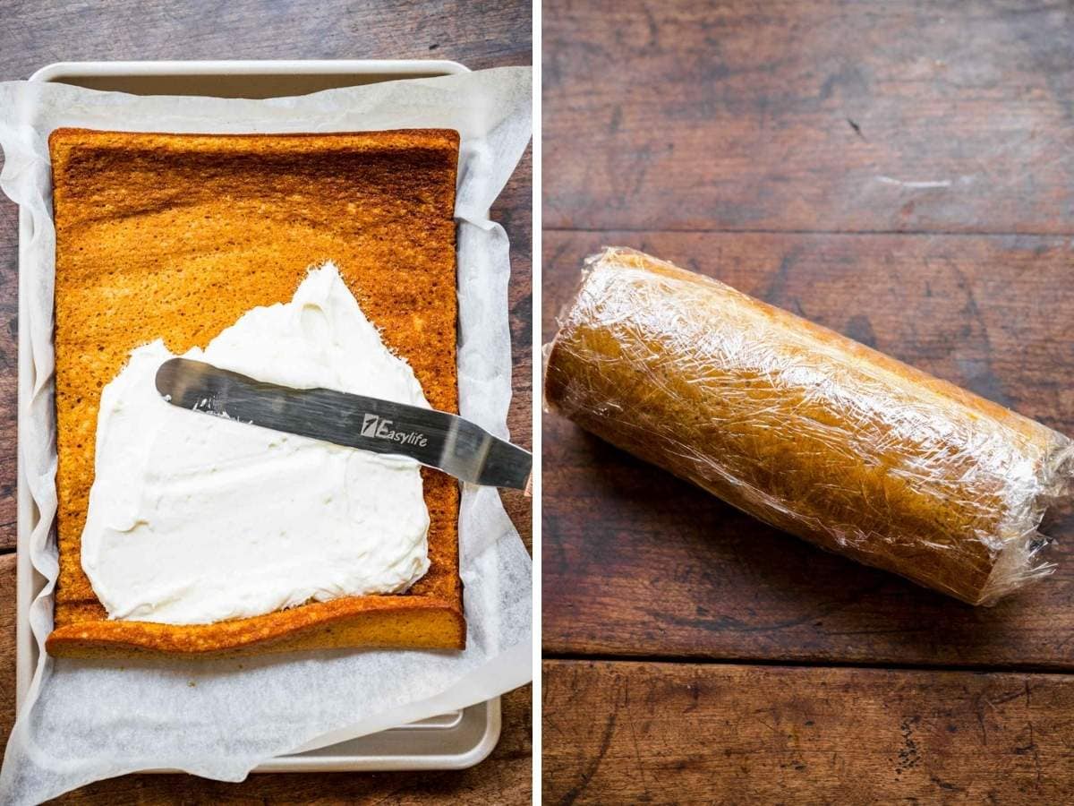 Pumpkin Roll collage of rolling steps