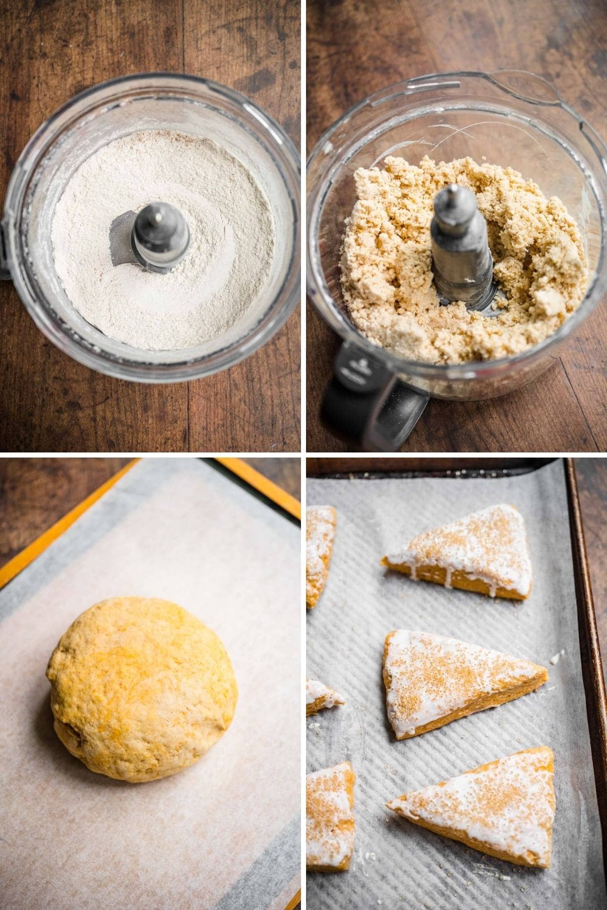Collage of Pumpkin Scones from ingredients, mix, dough, and ready to bake!