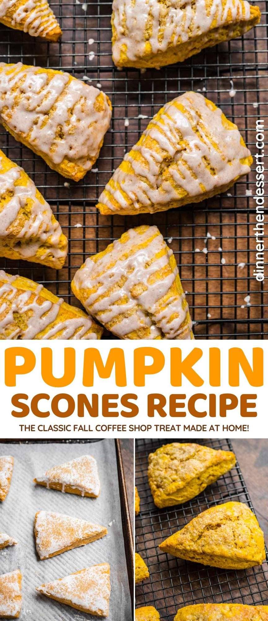 Collage of three Pumpkin Scones Photos: ready to bake, fresh out of the oven, and drizzled with frosting.