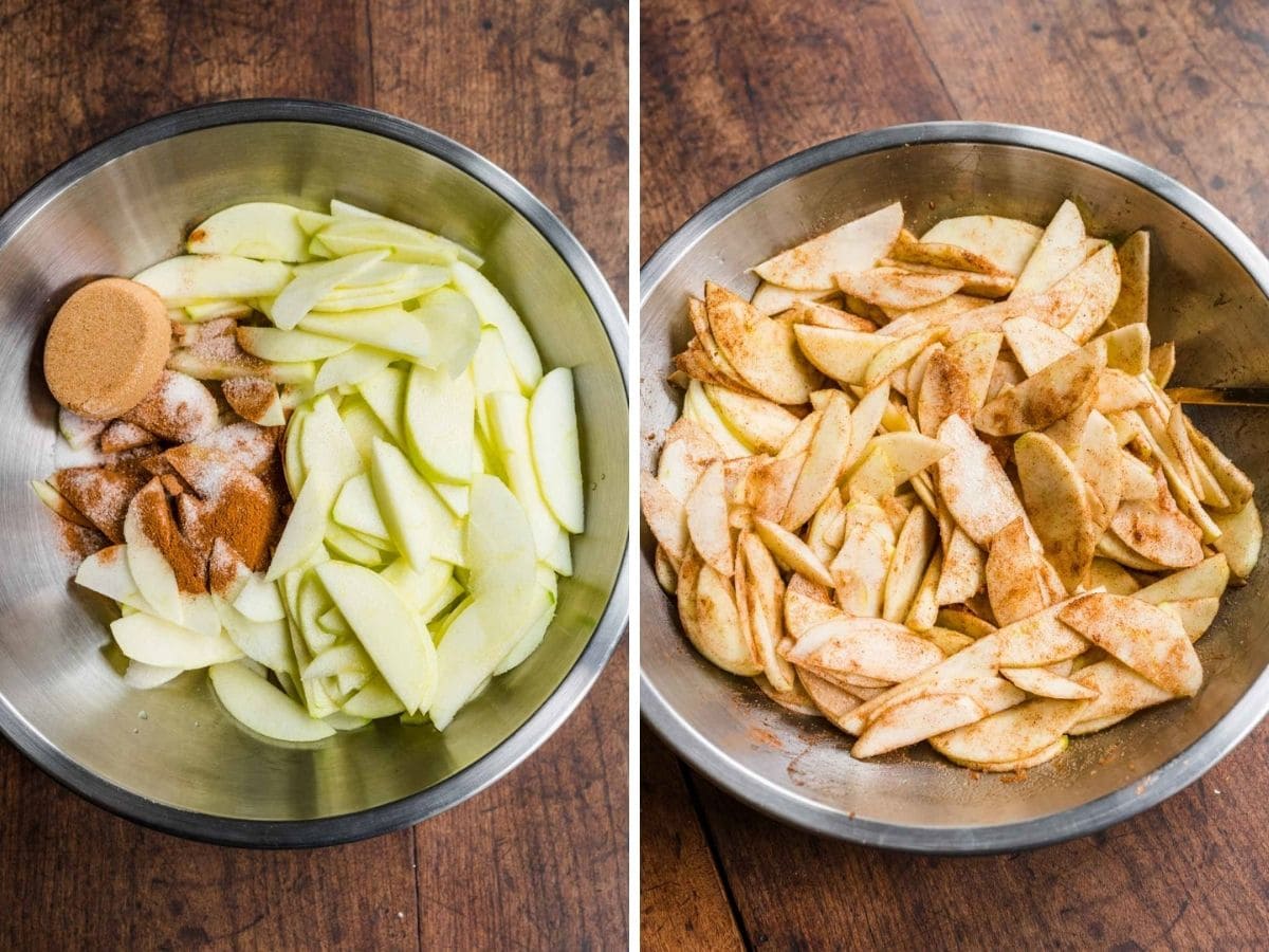 Collage of apples being mixed with spices in a silver bowl.