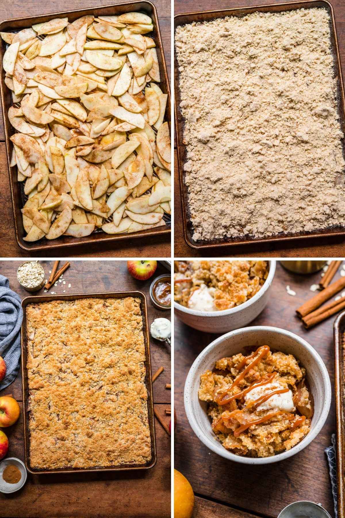 Collage of baking steps for Sheet Pan Apple Crisp