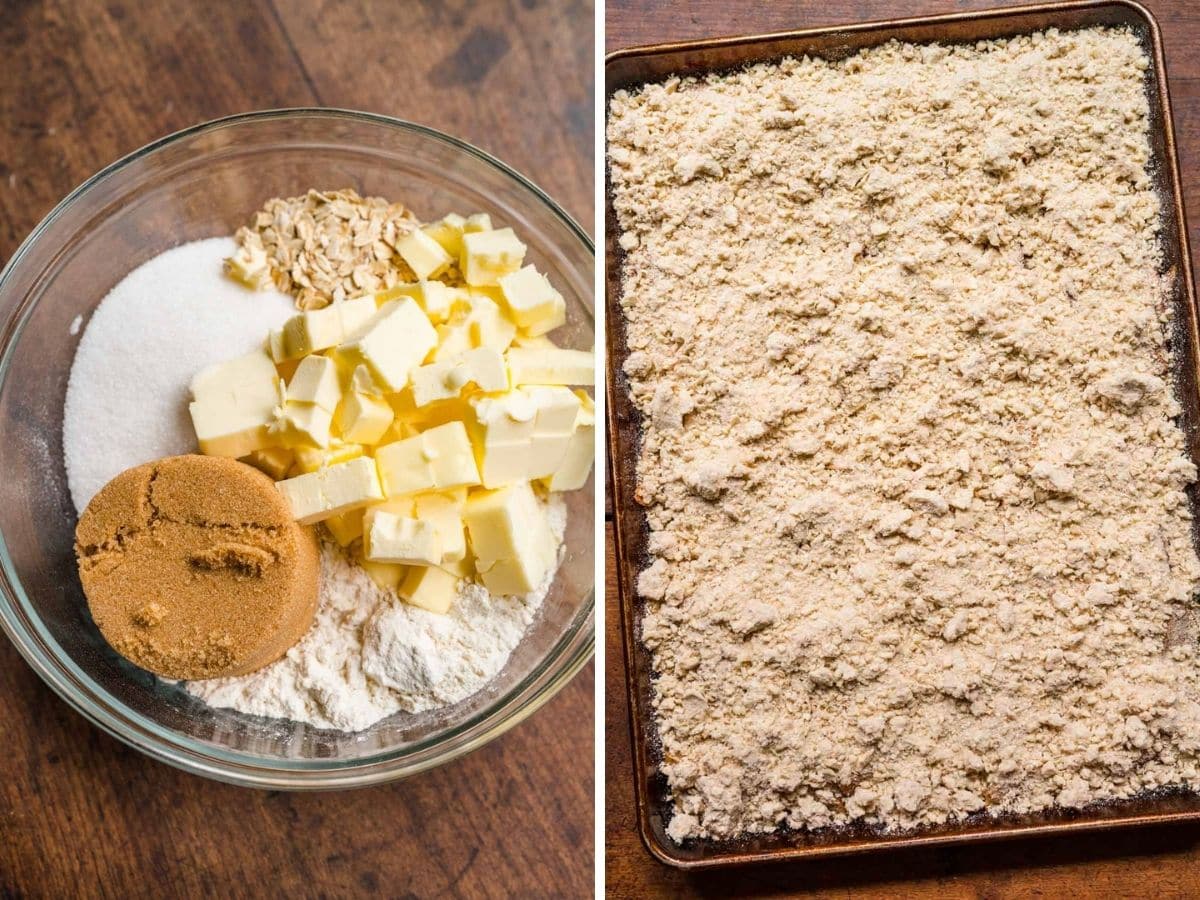 Collage of ingredients being mixed with oats for Sheet Pan Apple Crisp.