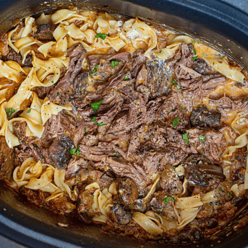 noodles, beef, sour cream, and sauce in a pot mixed together