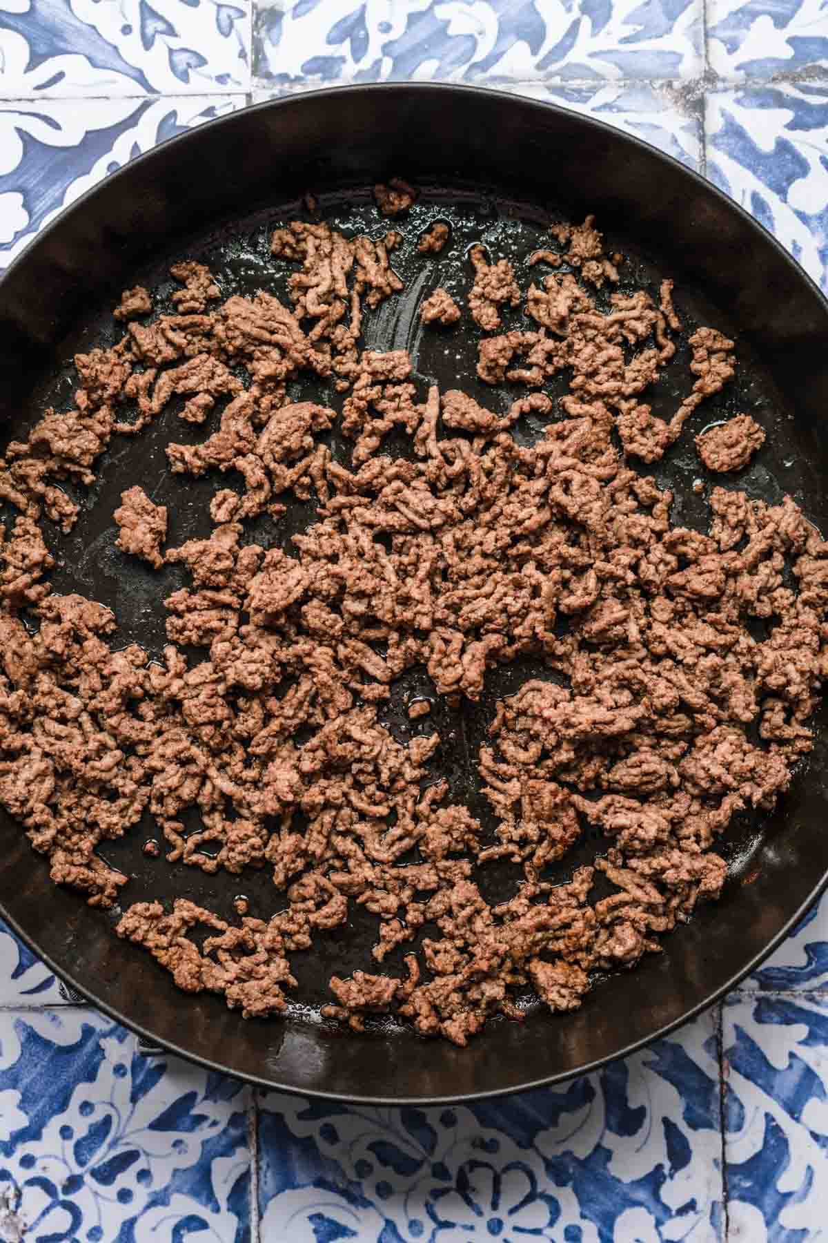 Spanish Beef & Rice Skillet ingredients in cooking pan