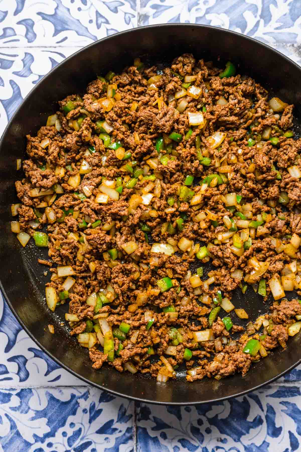 Spanish Beef & Rice Skillet ingredients in cooking pan