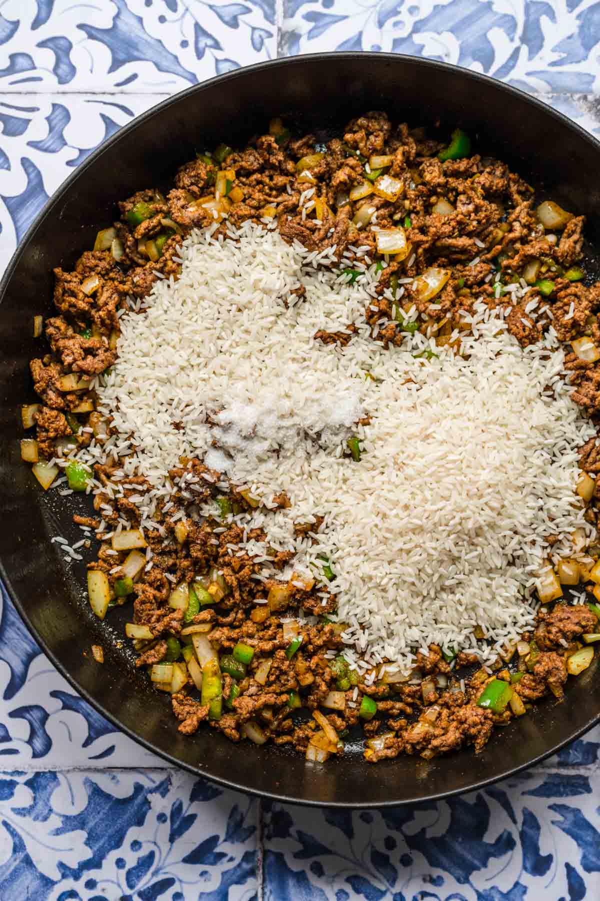 Spanish Beef & Rice Skillet ingredients in cooking pan