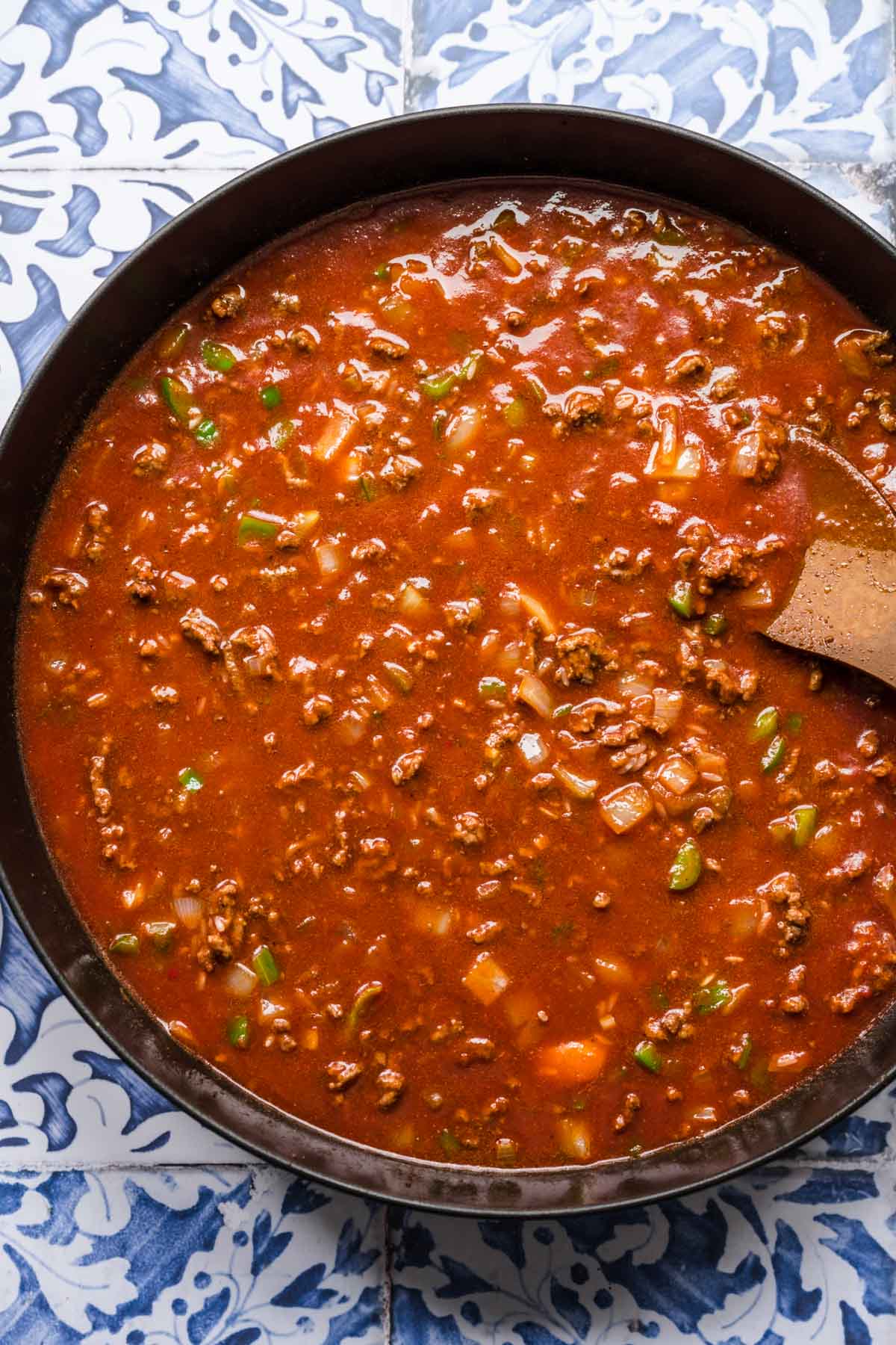Spanish Beef & Rice Skillet ingredients in cooking pan
