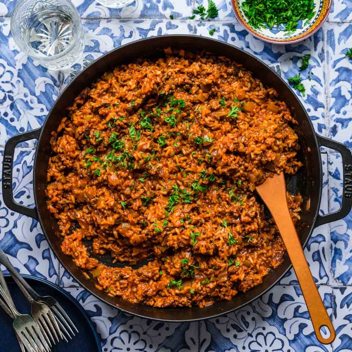 Spanish Beef & Rice Skillet in cooking pan 1x1
