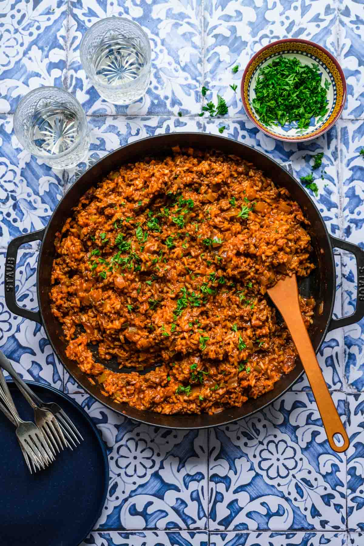 Spanish Beef & Rice Skillet in cooking pan