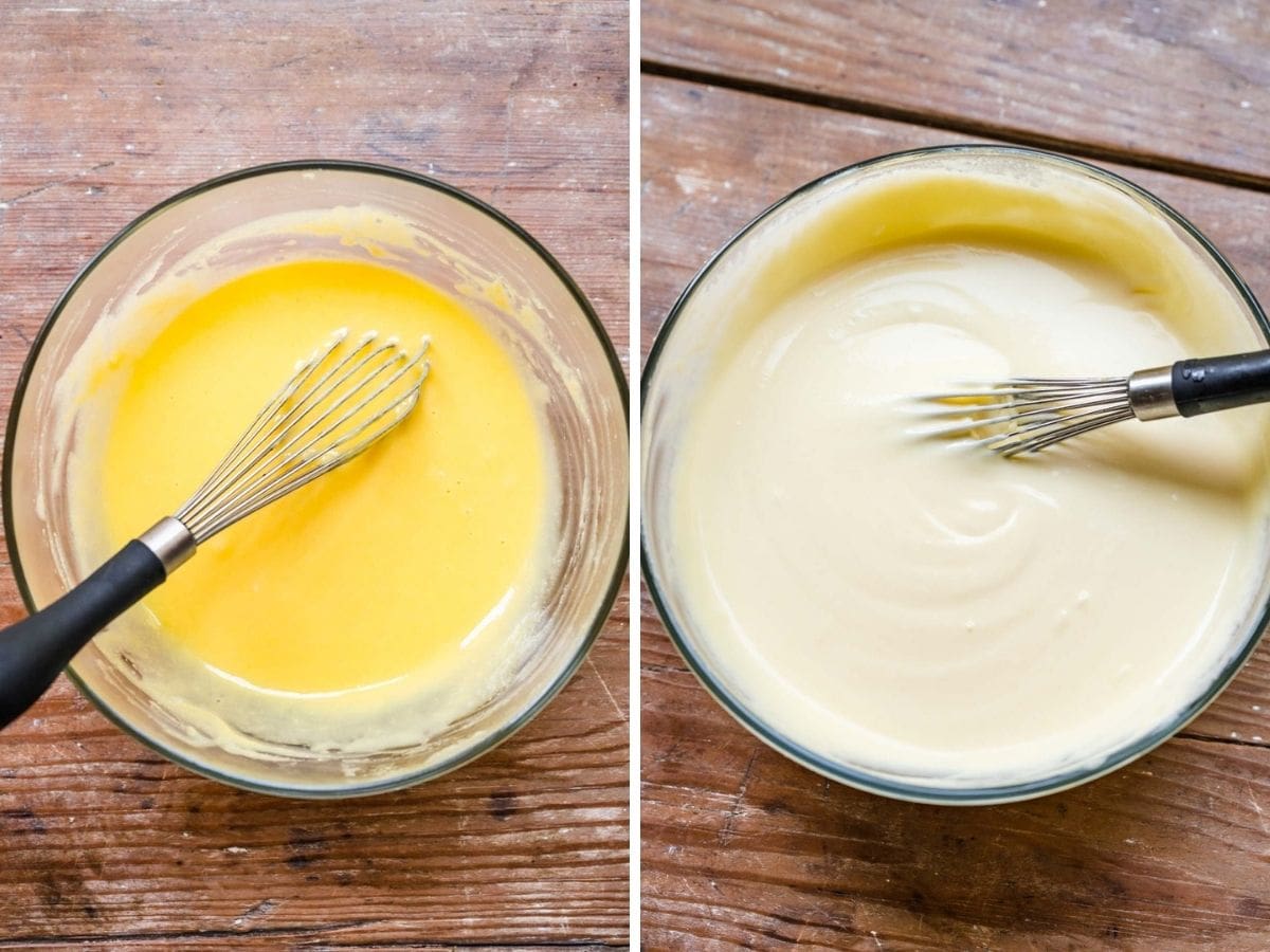 Collage showing Tiramisu ingredients and steps in mixing bowls.