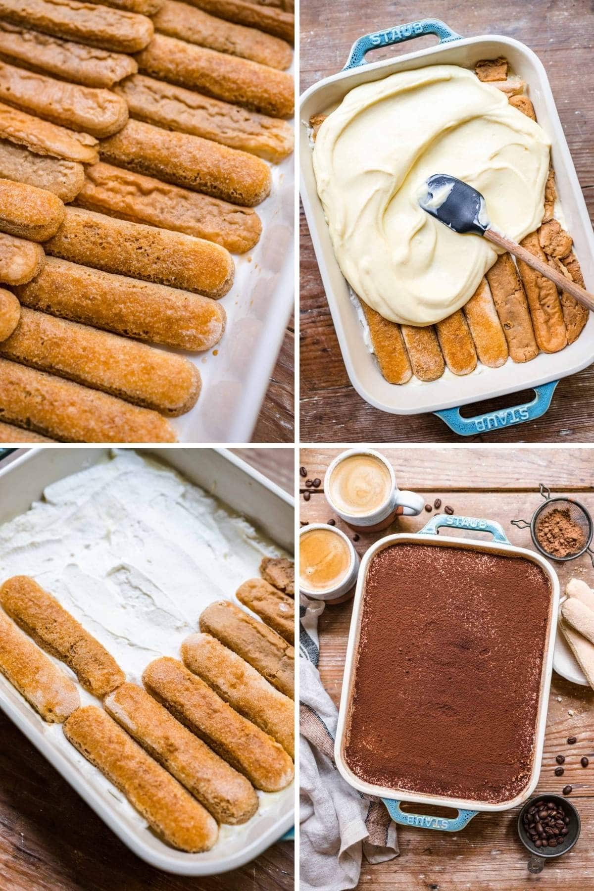 Collage showing steps of making Tiramisu.