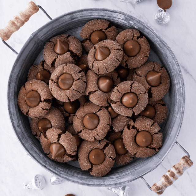 Top down view of baked cookies in bowl