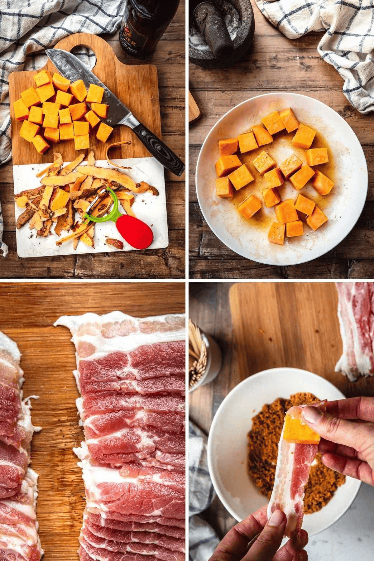 Collage with prep steps for adding sweet potato bite to bacon covering