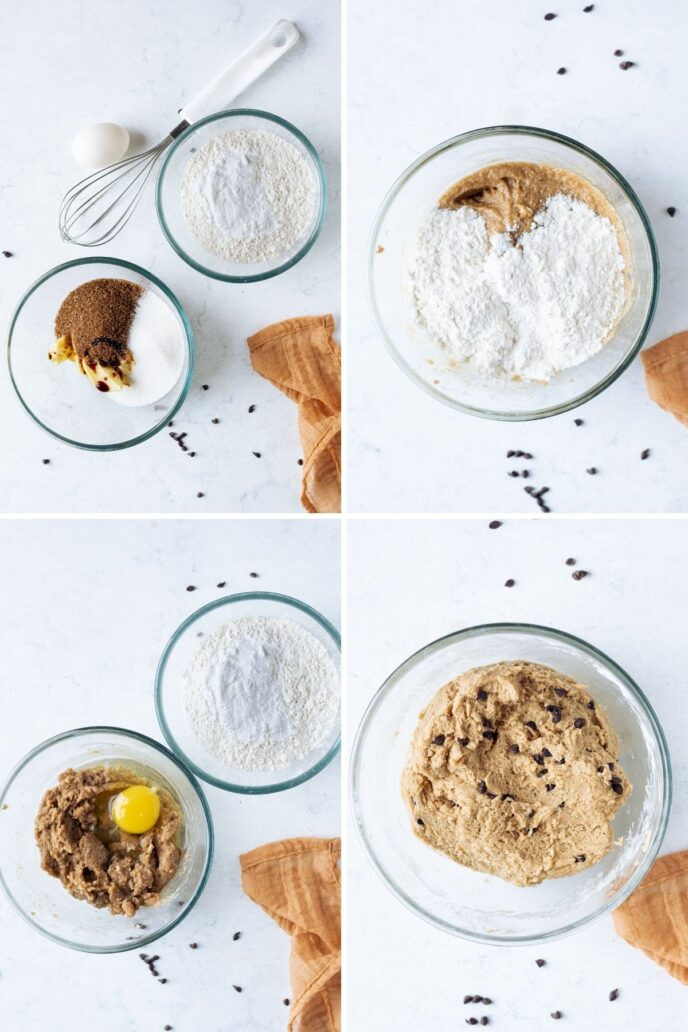 Cheesecake Stuffed Chocolate Chip Cookies filling ingredients and chocolate chips in mixing bowls