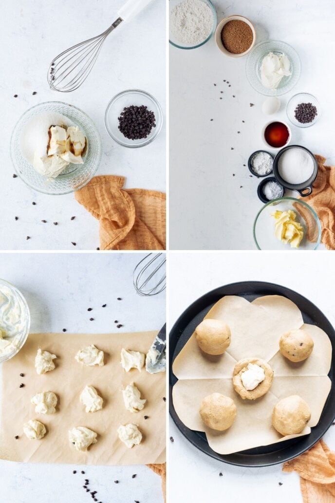 Cheesecake Stuffed Chocolate Chip Cookies ingredients in mixing bowls collage