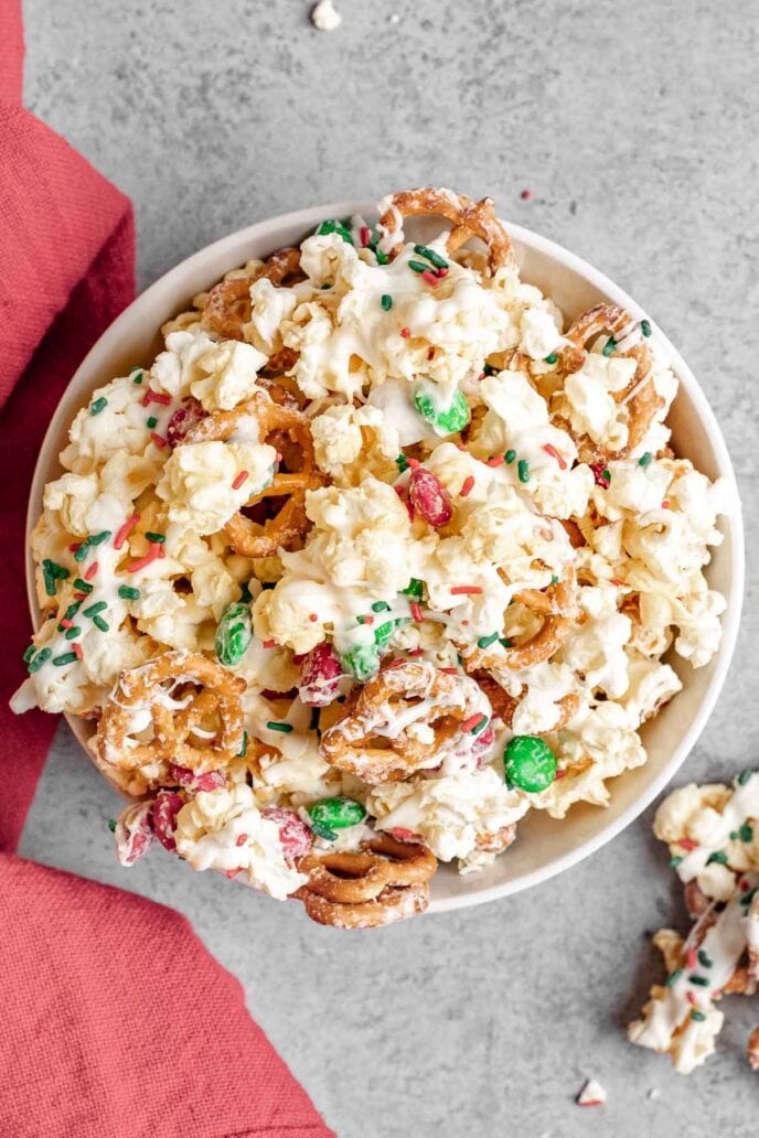 Christmas Popcorn Crunch in Bowl top view